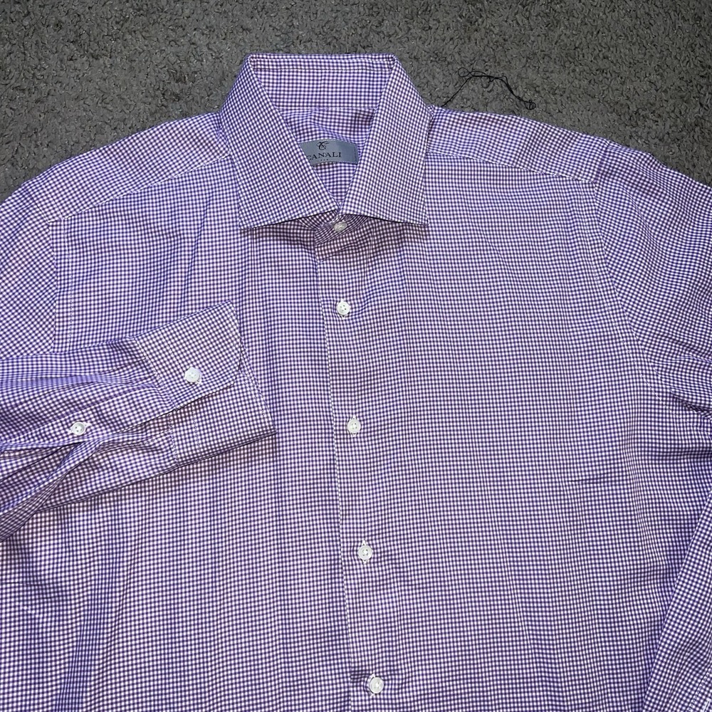 Canali 1934 Shirt Mens 16 41 Purple Gingham Long Sleeve Button Up Dress